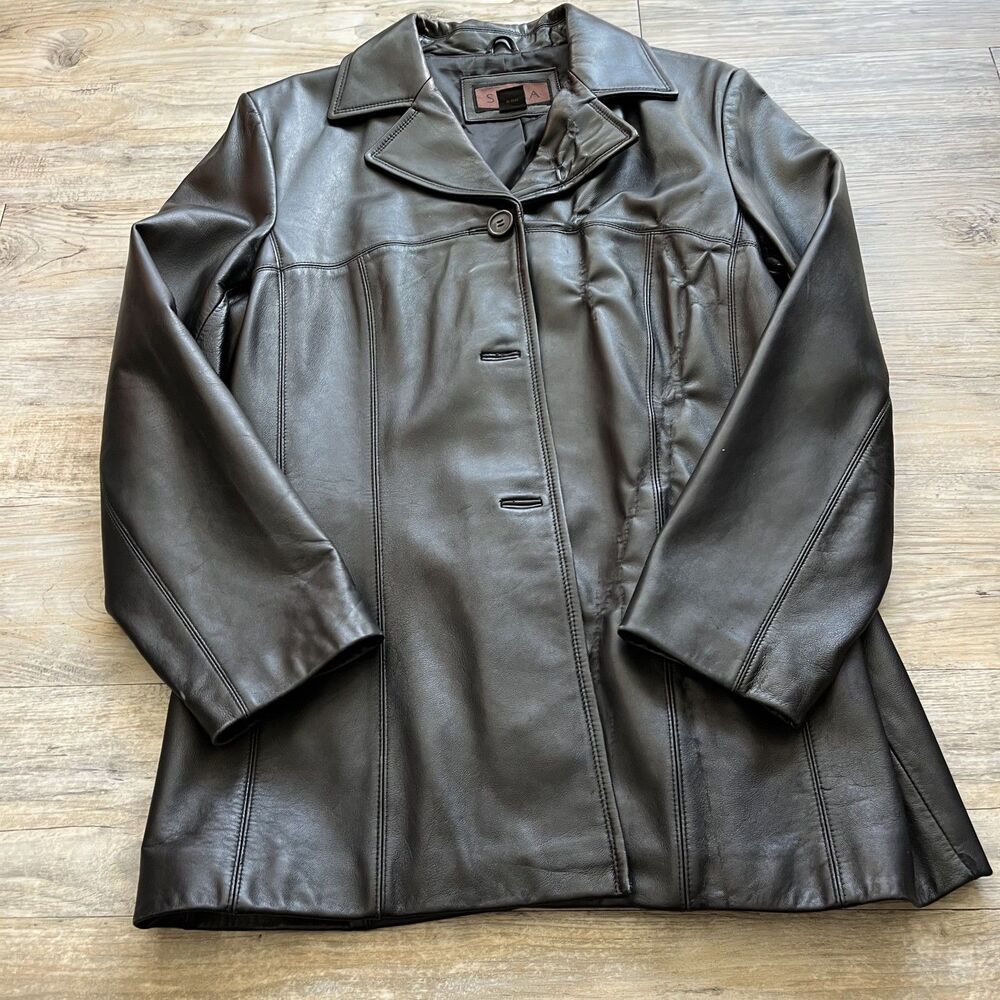 Siena Leather Jacket Women's XL Black Vintage 90s Trench Coat